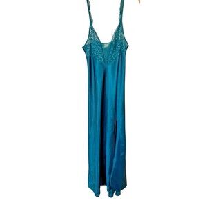 Victoria's Secret Vintage Gold Label Teal Satin Slip Nightie Lingerie Sz M Long
